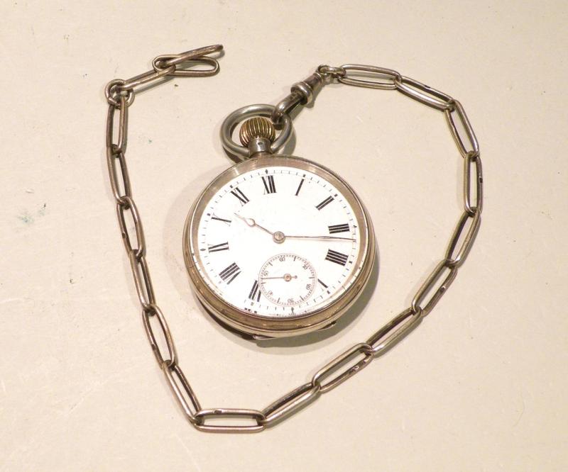 Antique Silver Pocket Watch & Chain.