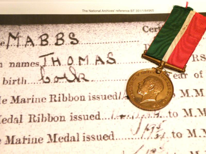 WW1 Mercantile Marine War Service Medal to Mabbs from Ireland.