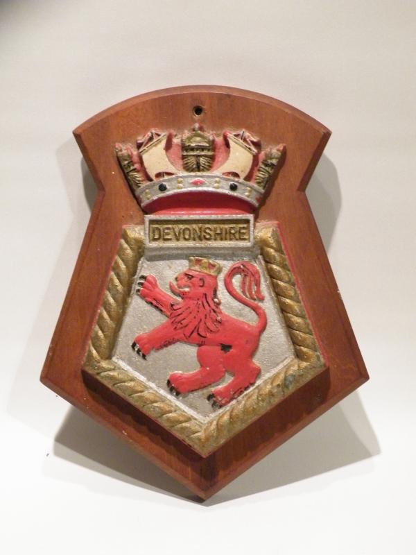 Vintage Metal Mounted on Wood Hand Painted Plaque for HMS Devonshire
