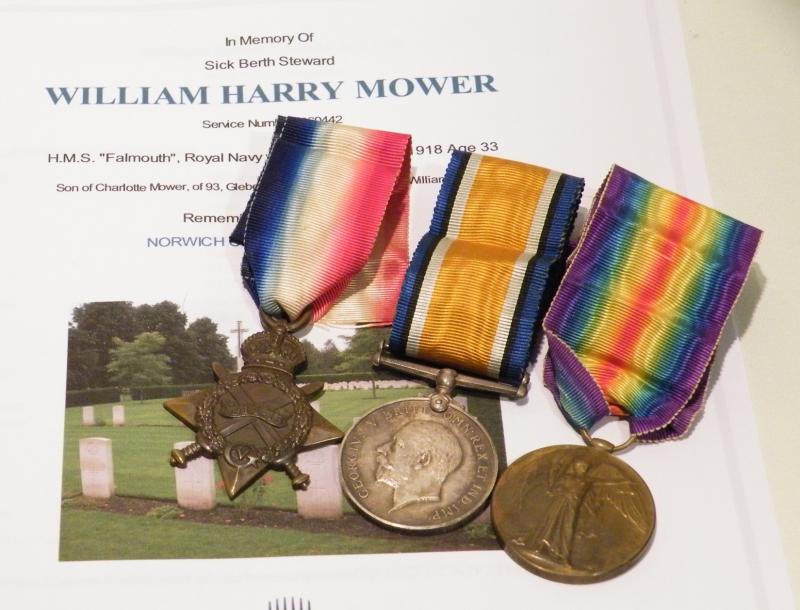1914/15 Star Trio to Mower Royal Navy Sick Birth. Died 1918.