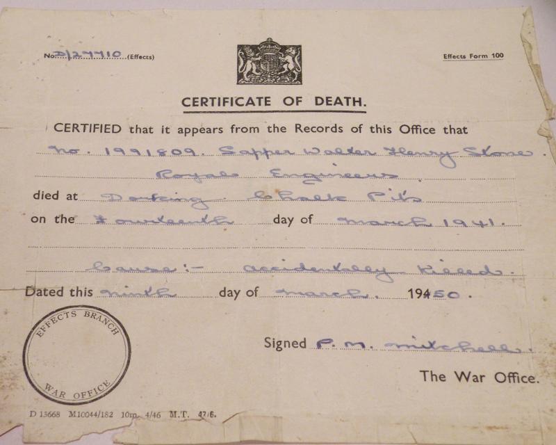 WW2 Medal Trio to Sapper Stone RE Accidently Killed 1941.