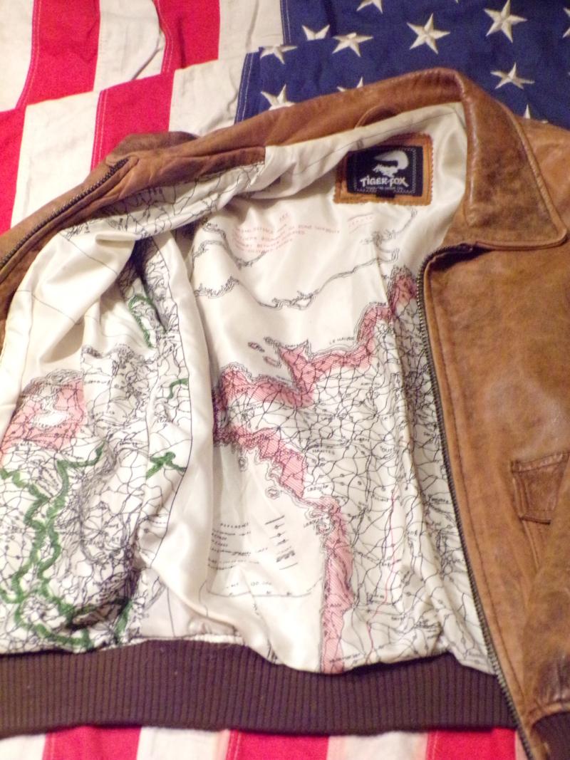 Vintage Tiger Fox Brown Leather Bomber Style Jacket with Map
