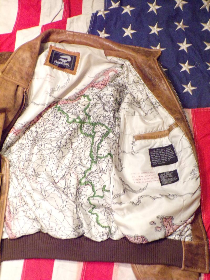 Vintage Tiger Fox Brown Leather Bomber Style Jacket with Map