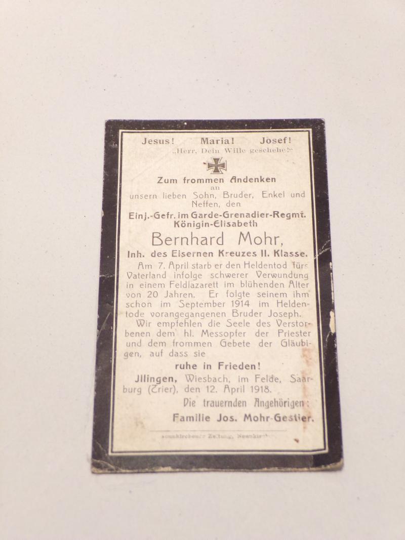 WW1 German Memorial Card - Mohr