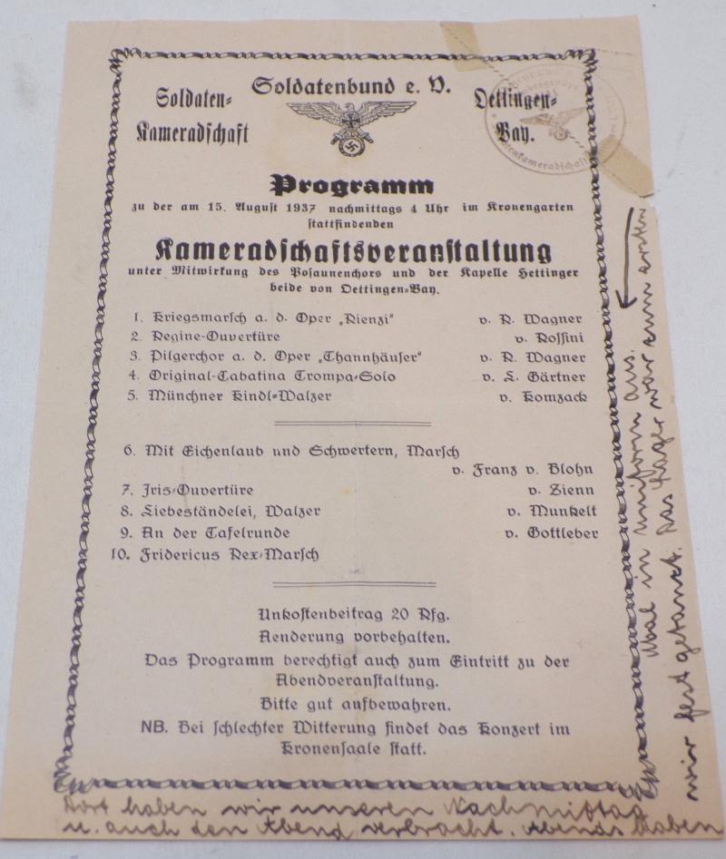 1937 Dated German Soldiers Association Comrades Event Program