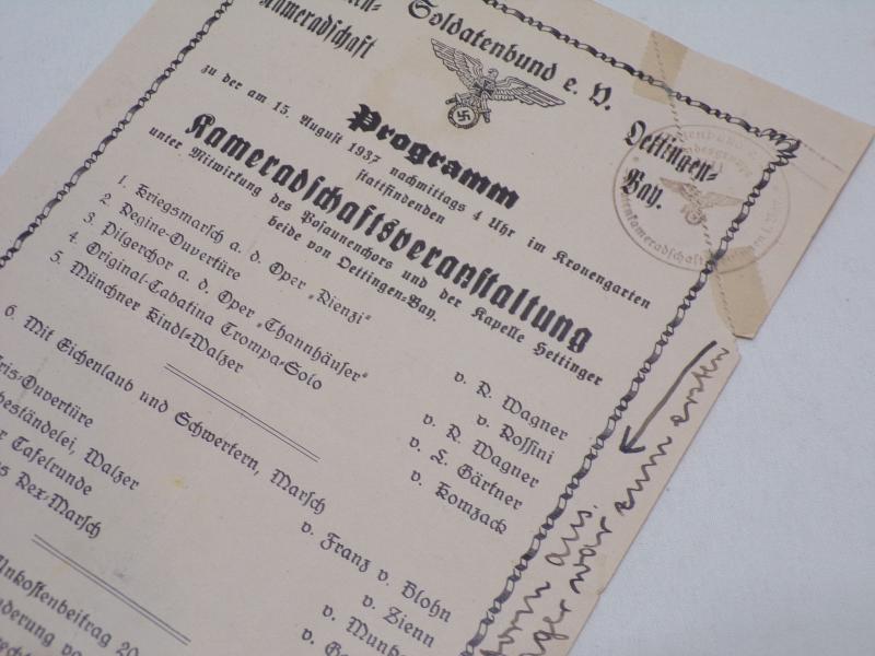 1937 Dated German Soldiers Association Comrades Event Program