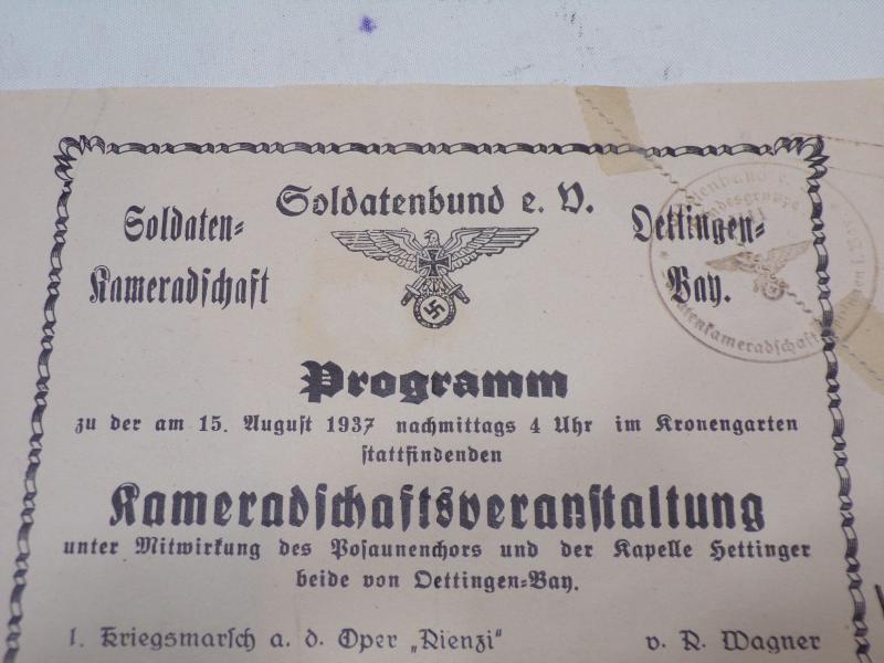 1937 Dated German Soldiers Association Comrades Event Program