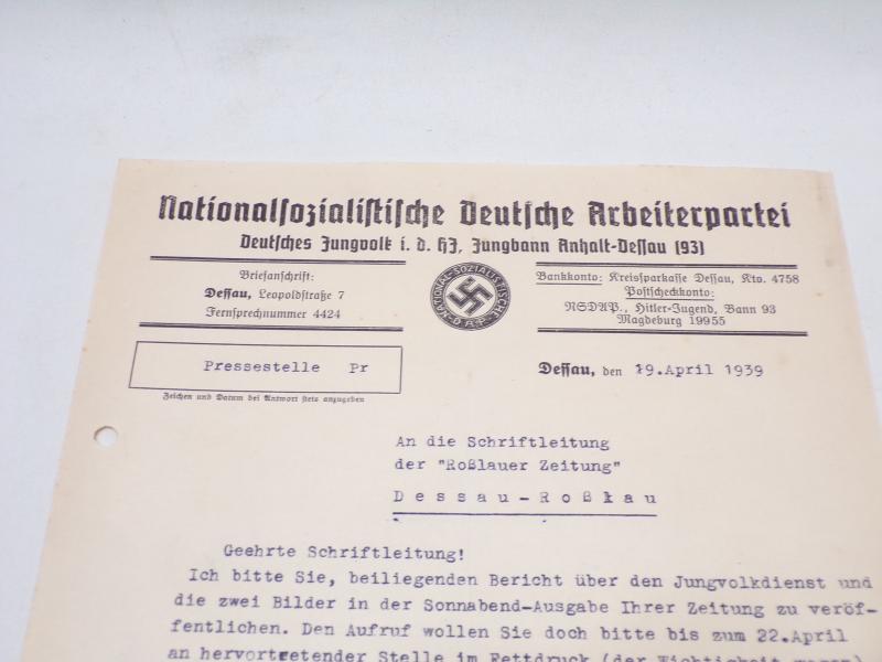 Scarce WW2 Era 1939 Dated NSDAP Letter to a Newspaper