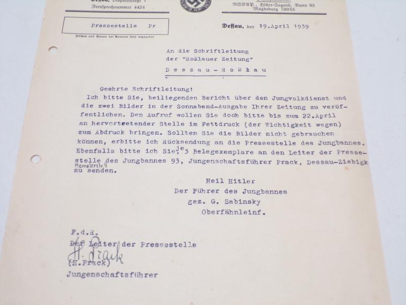 Scarce WW2 Era 1939 Dated NSDAP Letter to a Newspaper