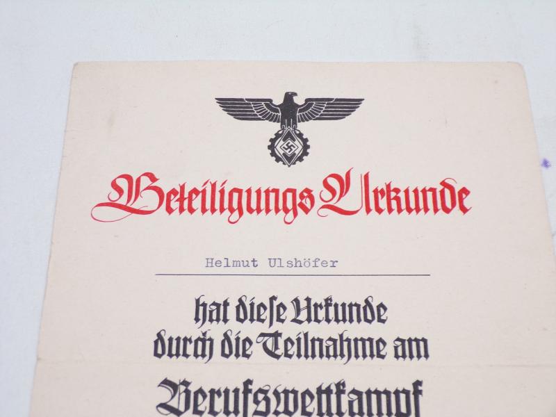 Scarce WW2 German Certificate of Participation Certificate