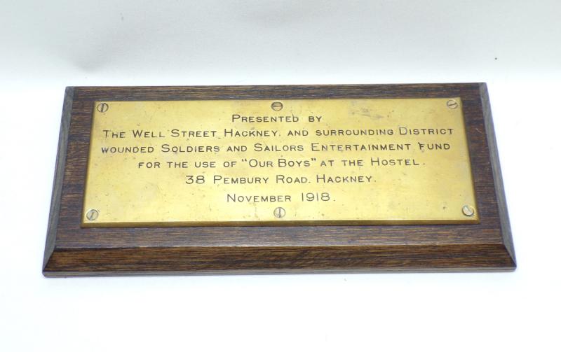 Unique WW1 Era Wounded Soldiers Brass Plaque - Hackney