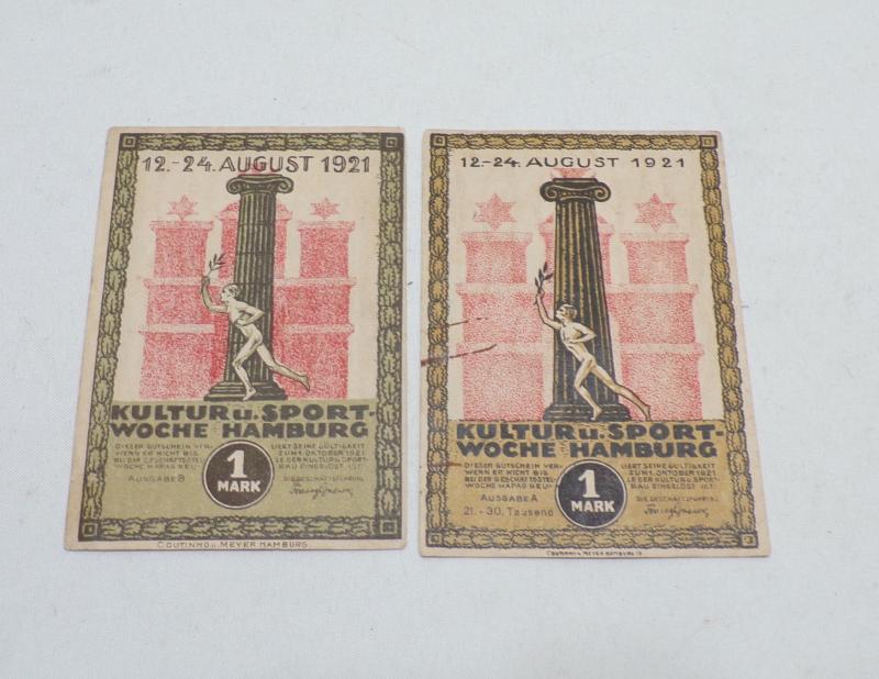 Two 1921 German Hamburg Culture & Sports Event One Mark Vouchers