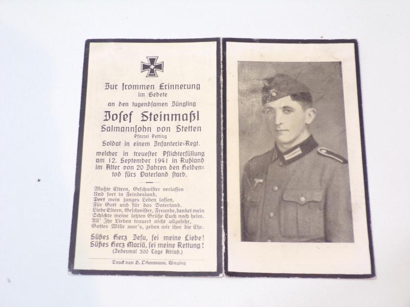 WW2 German Death Card - Josef Steinmassl - Died Russia
