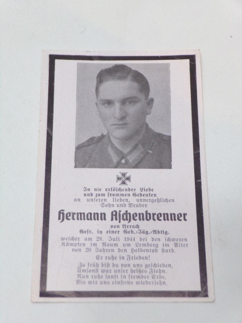 WW2 German Death Card Herman Aschenbrenner.